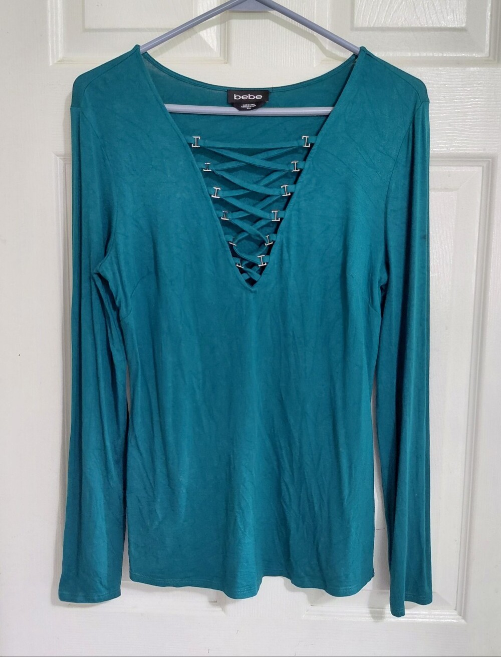 Vintage Y2K Bebe Teal Lace Up V-Neck Long Sleeve Top